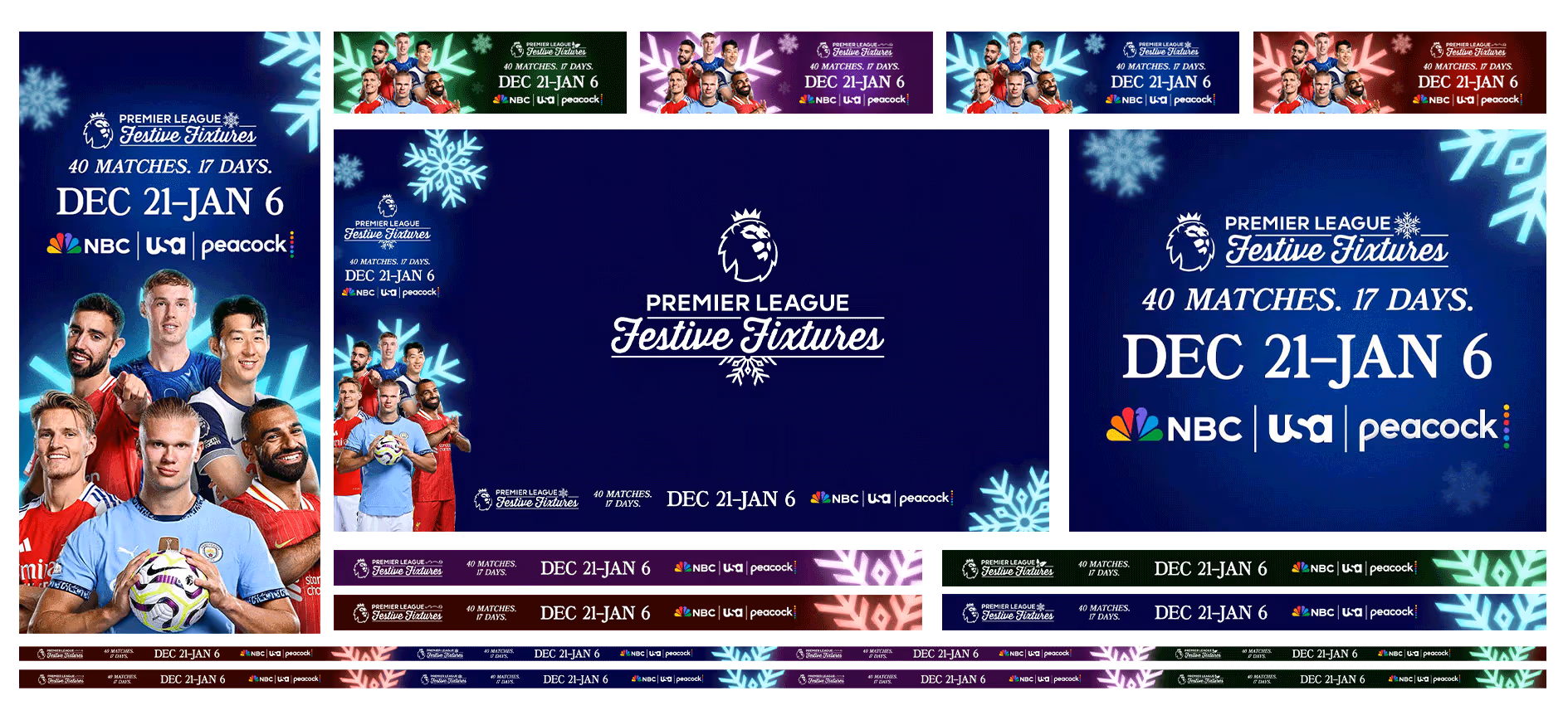 Premier League Festive Fixtures promotional banners featuring football players with details of 40 matches over 17 days from Dec 21 to Jan 6, broadcast on NBC, USA, and Peacock.