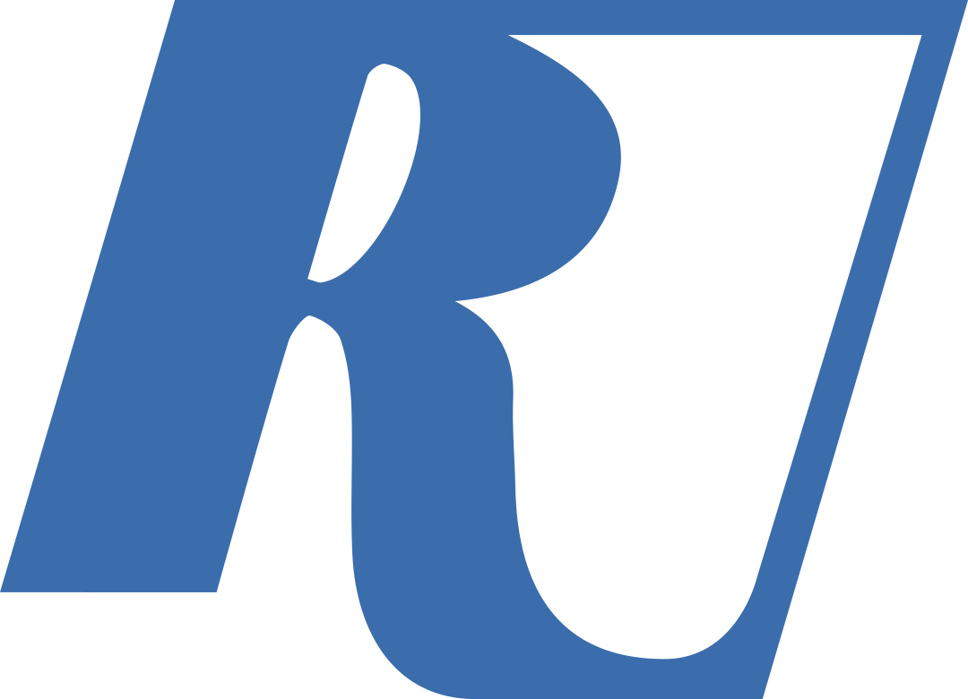 Stylized blue letter R logo with a diagonal cut on the top right.