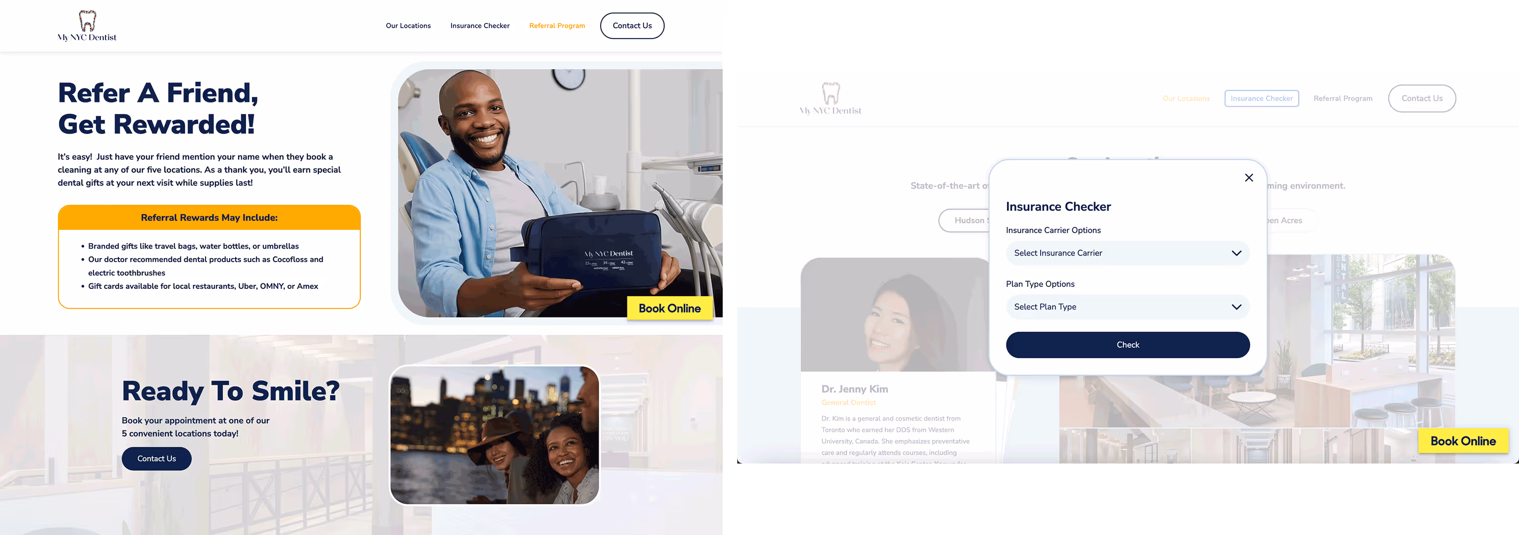 Dental clinic website showing referral program details with a man holding a dental insurance folder on the left, and an insurance checker popup form on the right with insurance carrier and plan type dropdowns and a check button, with navigation links and a yellow Book Online button visible.