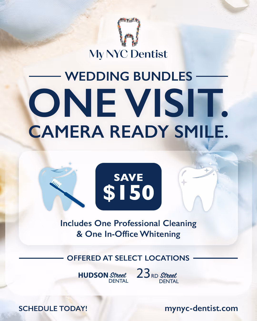 My NYC Dentist advertisement urging patients to use dental insurance benefits before year-end, listing five convenient locations with a blue toothbrush image.