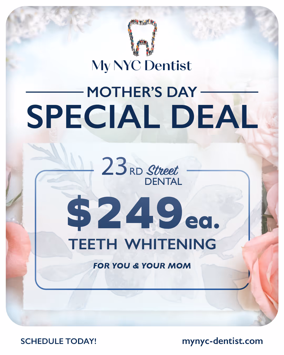 A-frame signboards advertising Hudson Street Dental with photos of the clinic, contact details, QR codes for booking, and a list of five convenient dental office locations in New York City.