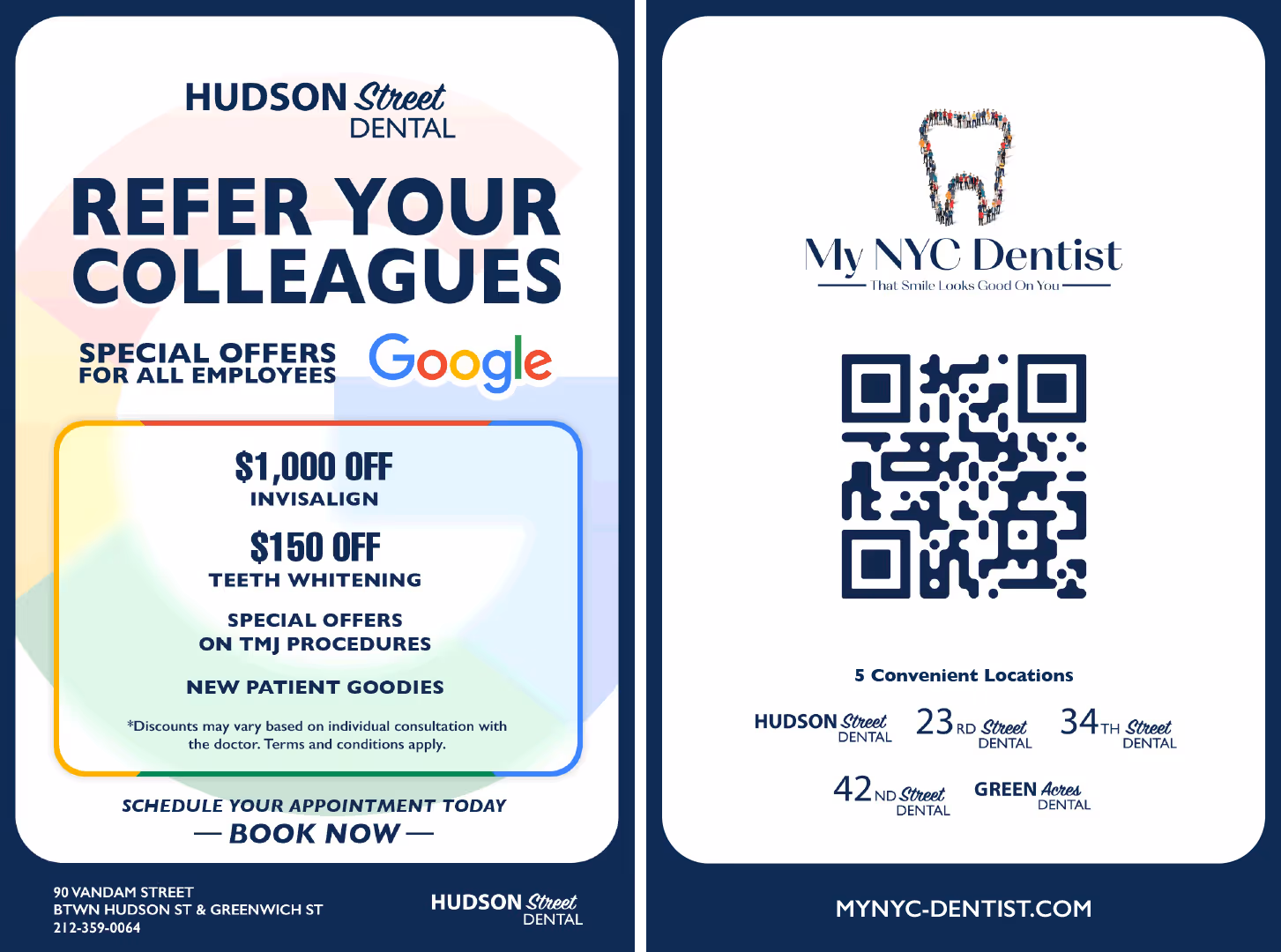 Hudson Street Dental flyer offering $1,000 off Invisalign, $150 off teeth whitening, TMJ procedure offers, and new patient goodies, with appointment booking info, a QR code for My NYC Dentist, and five dental locations listed.