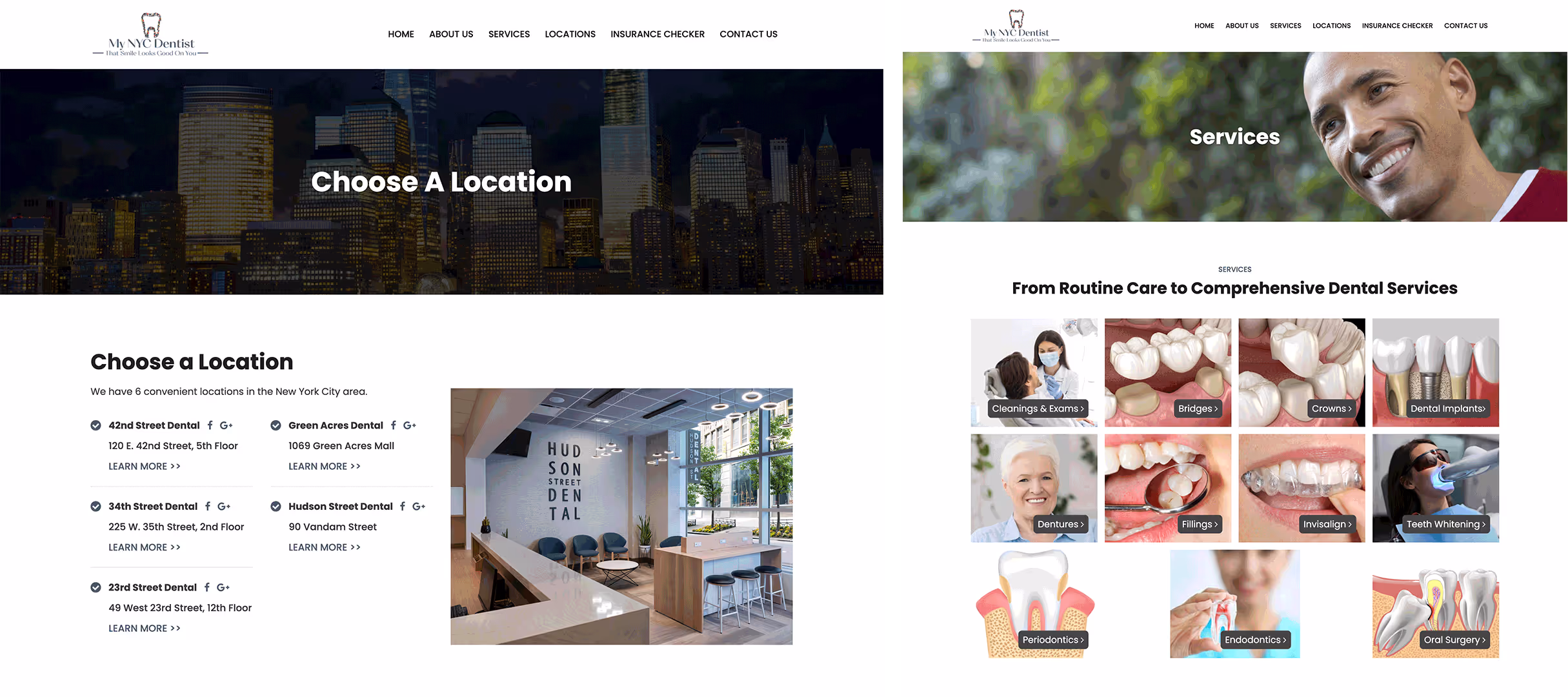 Website screenshot showing a dental clinic's locations and services pages; the locations page lists four NYC dental offices with addresses and an interior photo, and the services page displays labeled images of dental treatments including cleanings, bridges, crowns, implants, dentures, fillings, Invisalign, teeth whitening, periodontics, endodontics, and oral surgery.