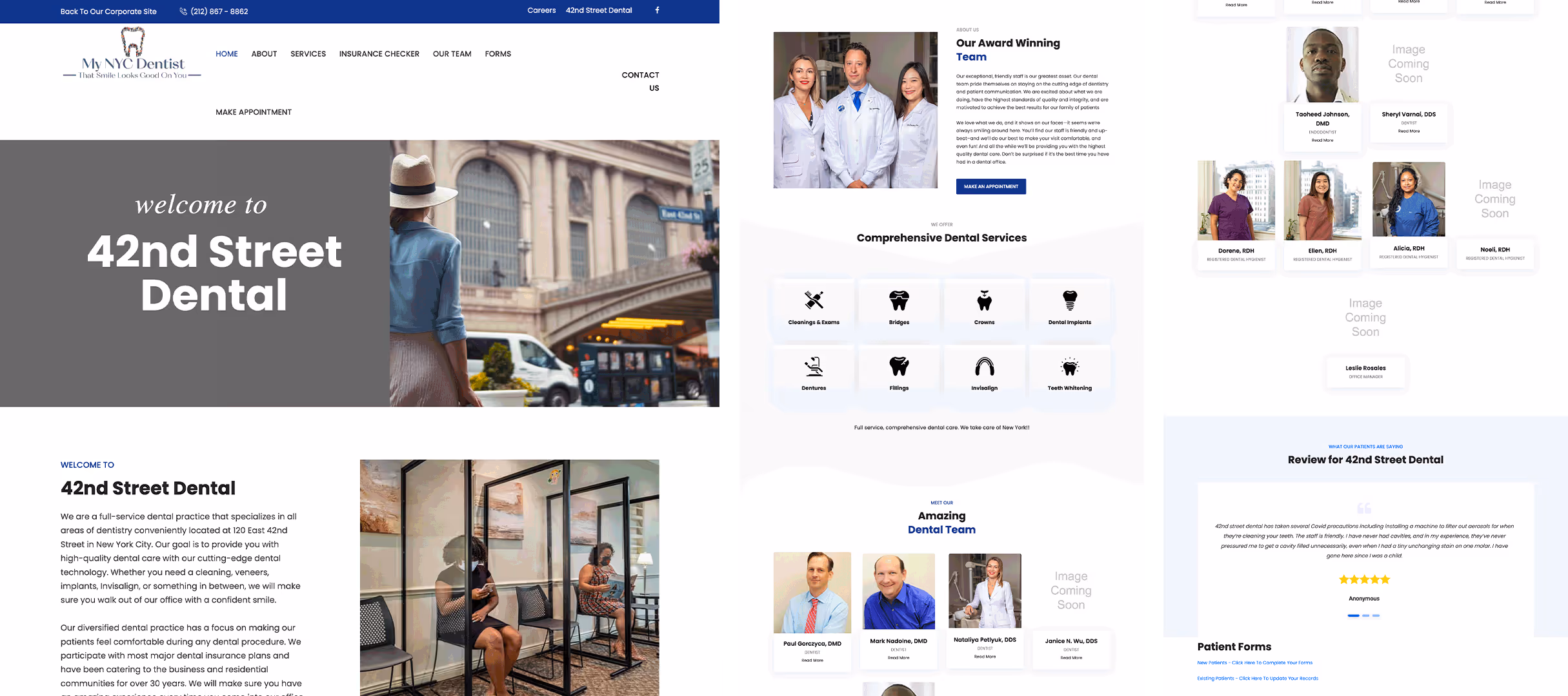 Website homepage for 42nd Street Dental featuring a welcome banner with a person walking in a city street, sections about dental services with icons, an award-winning dental team with photos of four dentists, patient reviews, and information about patient forms.