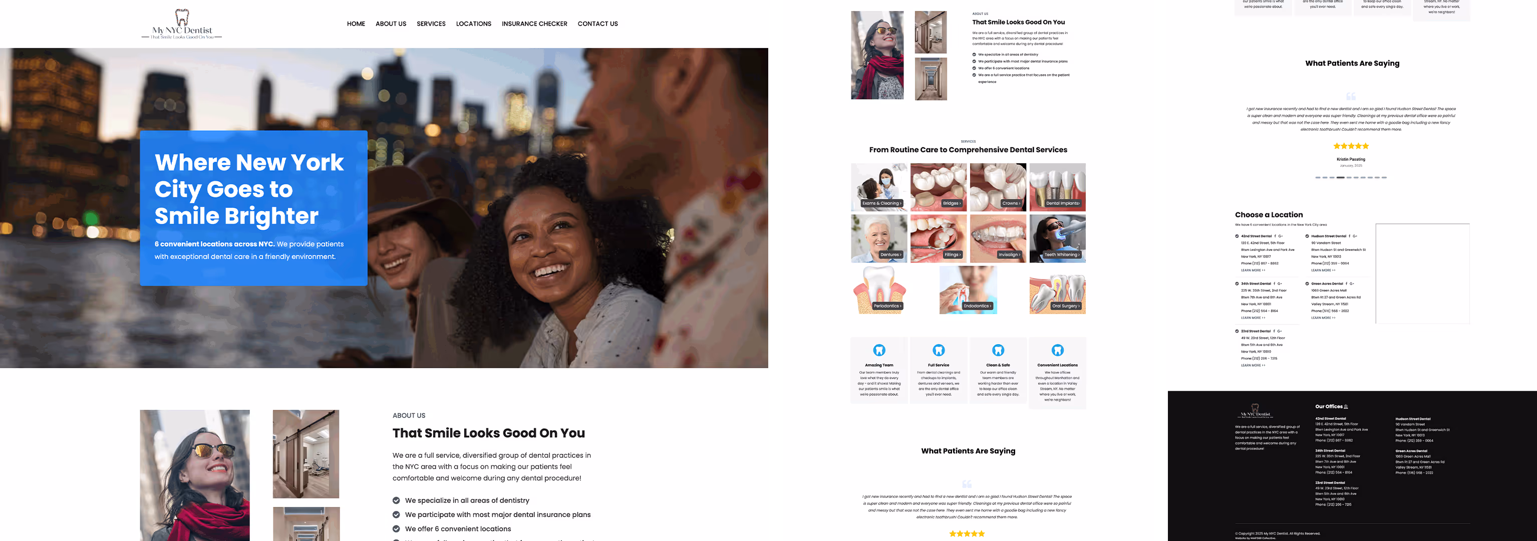Website homepage for a dental service in New York City showing smiling people at night with city skyline, navigation menu with Home, About Us, Services, Locations, Insurance Checks, Contact Us, sections highlighting dental services, insurance plans, office locations, patient testimonials, and contact details on a white background.