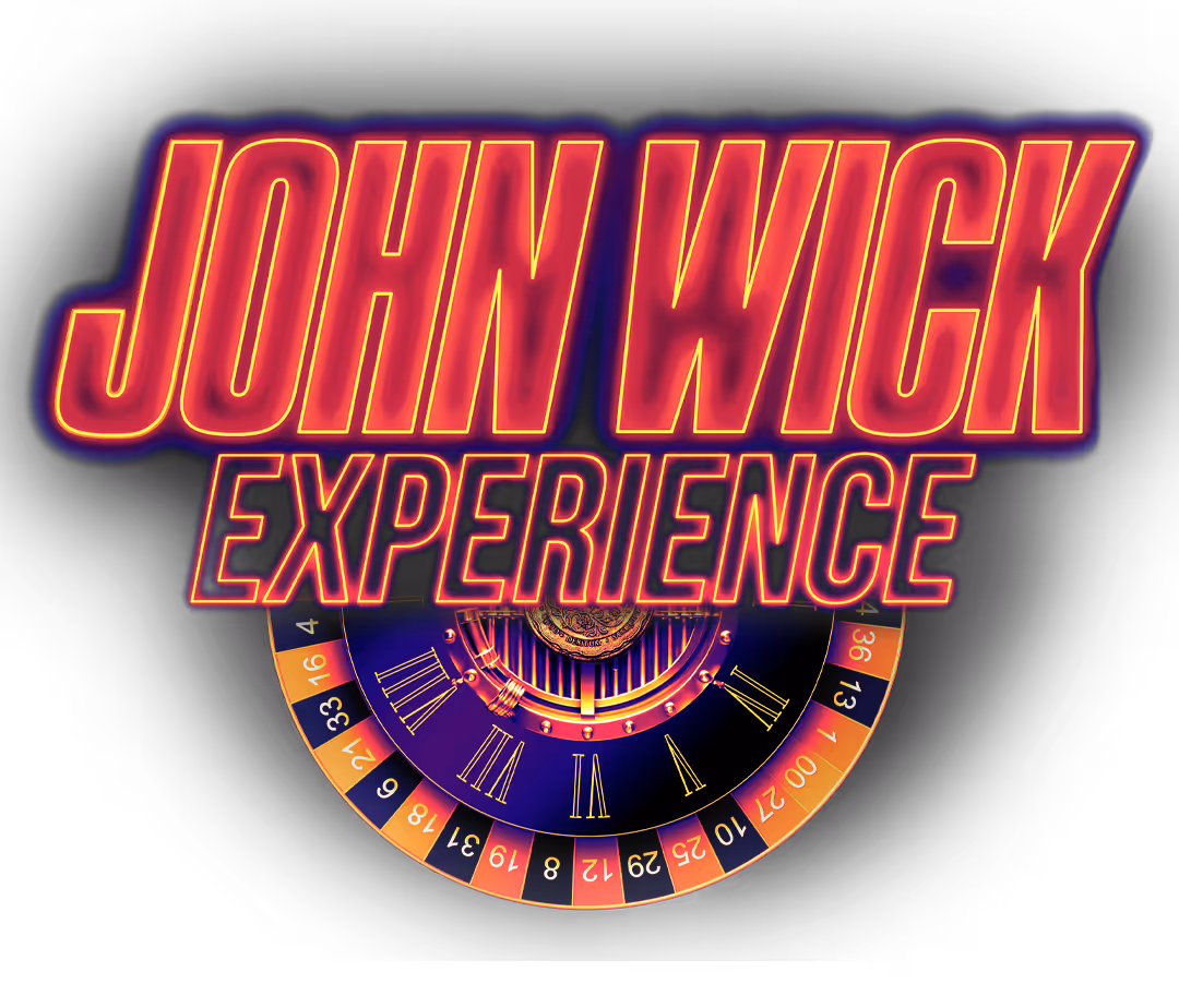 Neon-style text reading 'John Wick Experience' above a circular roulette wheel with Roman numerals and colored numbers.