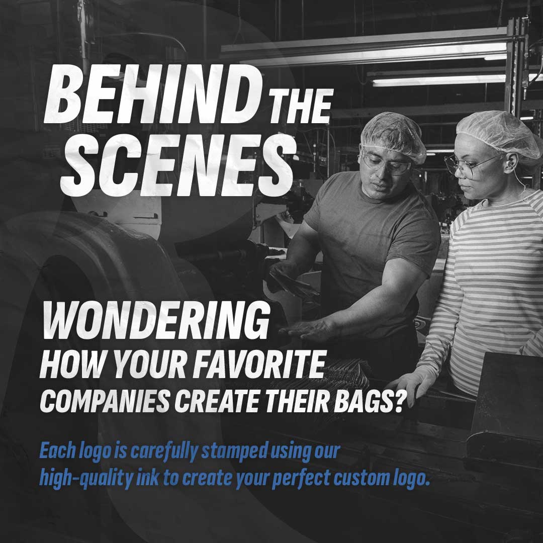 Two factory workers wearing hairnets and glasses inspect machinery during bag logo stamping process with text about custom logo creation.