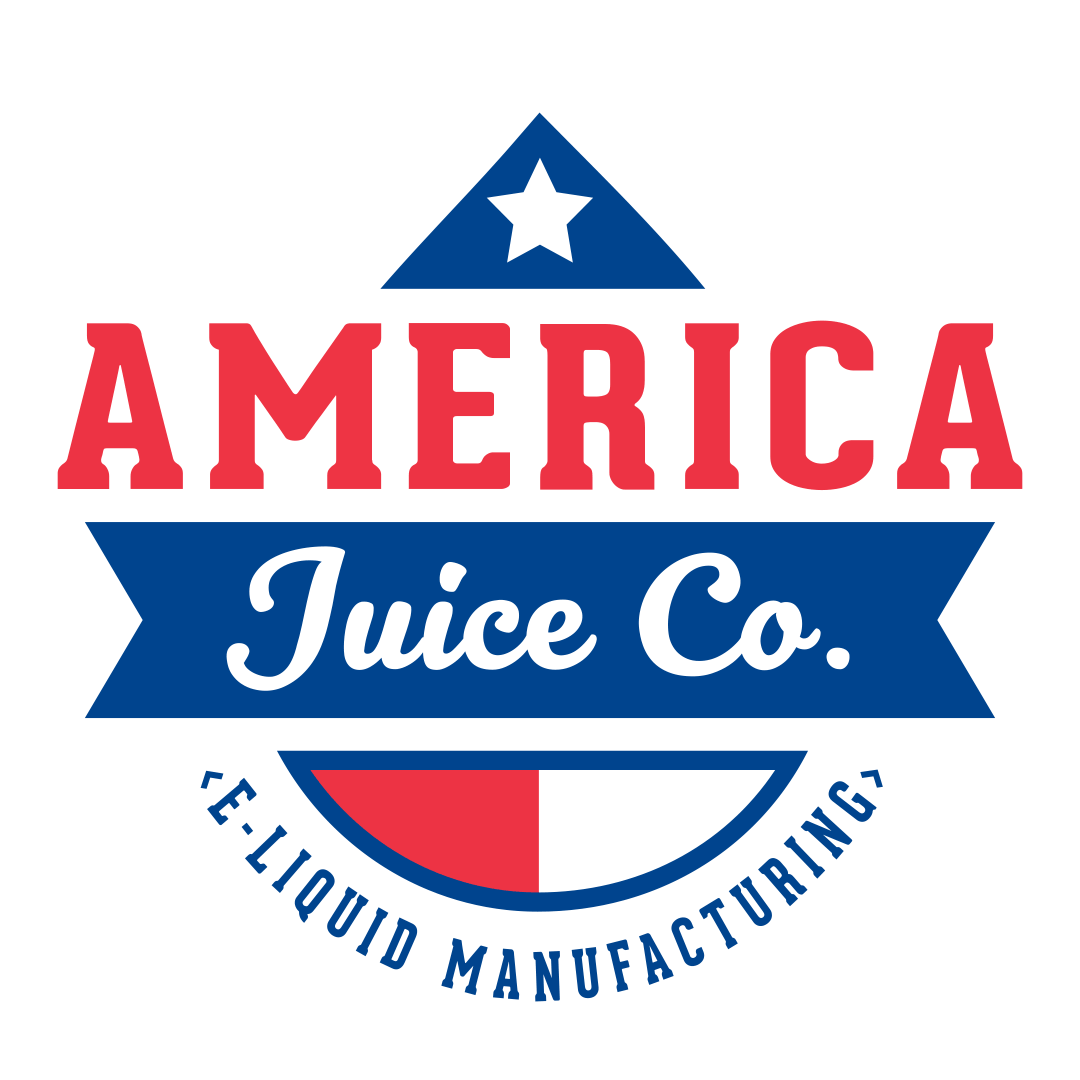 Logo for America Juice Co. featuring a blue star, red and blue text, and a red and blue semicircle with 'E-Liquid Manufacturing' text below.