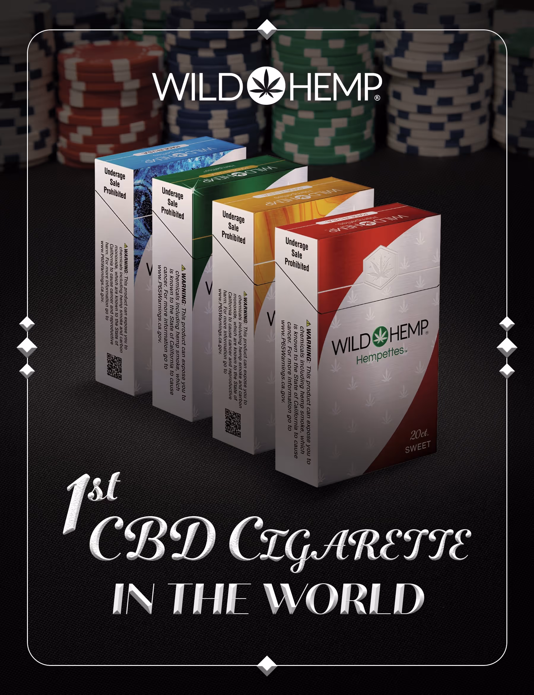 Four colorful Wild Hemp Hempettes CBD cigarette packs arranged in a row with poker chips in the background and text claiming '1st CBD Cigarette in the World.'