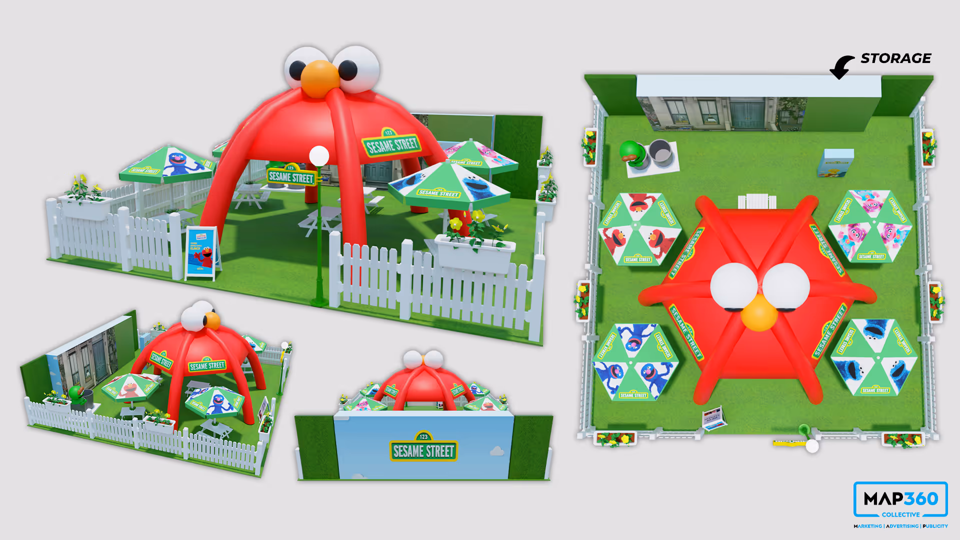 3D layout plan of a Sesame Street-themed outdoor area with a large red Elmo-shaped canopy, picnic tables with Sesame Street character umbrellas, white picket fencing, and green grassy flooring.