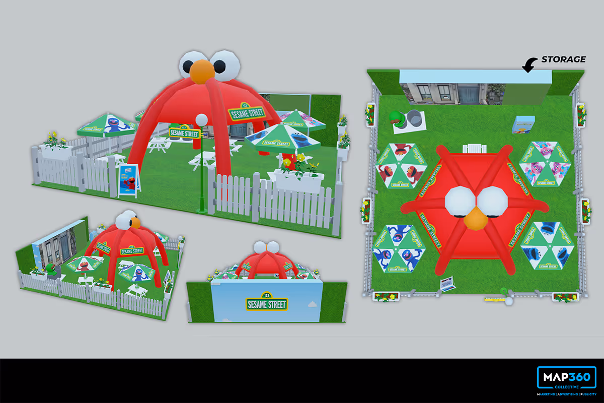 3D layout plan of a Sesame Street-themed outdoor area with a large red Elmo-shaped canopy, picnic tables with Sesame Street character umbrellas, white picket fencing, and green grassy flooring.