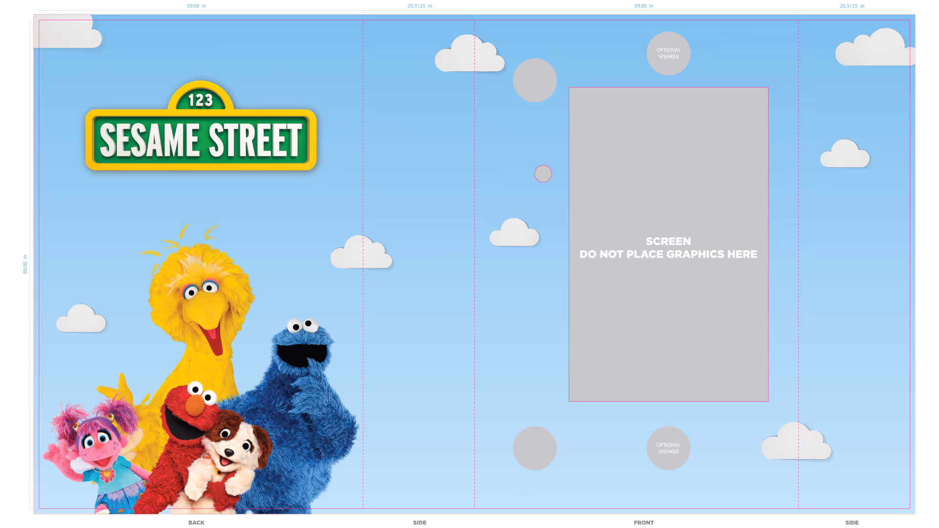 Sesame Street characters Abby Cadabby, Big Bird, Elmo holding a puppy, and Cookie Monster on a blue sky background with clouds and the Sesame Street sign.
