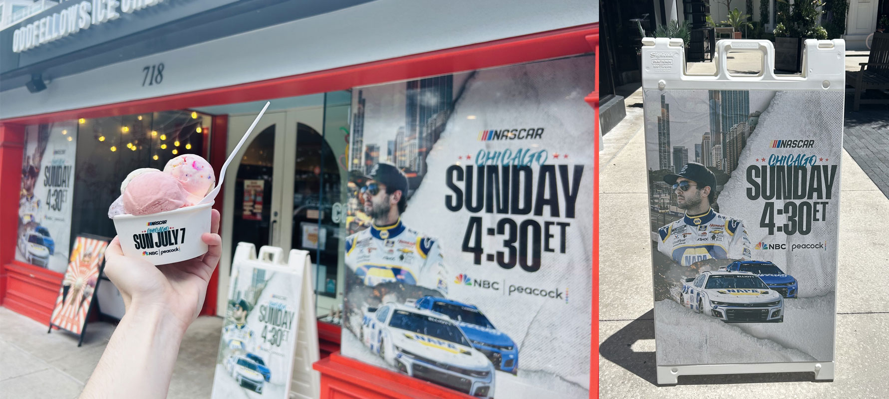 Hand holding a cup with two scoops of ice cream in front of an ice cream shop window and sidewalk sign promoting NASCAR Chicago Sunday at 4:30 ET on NBC and Peacock.