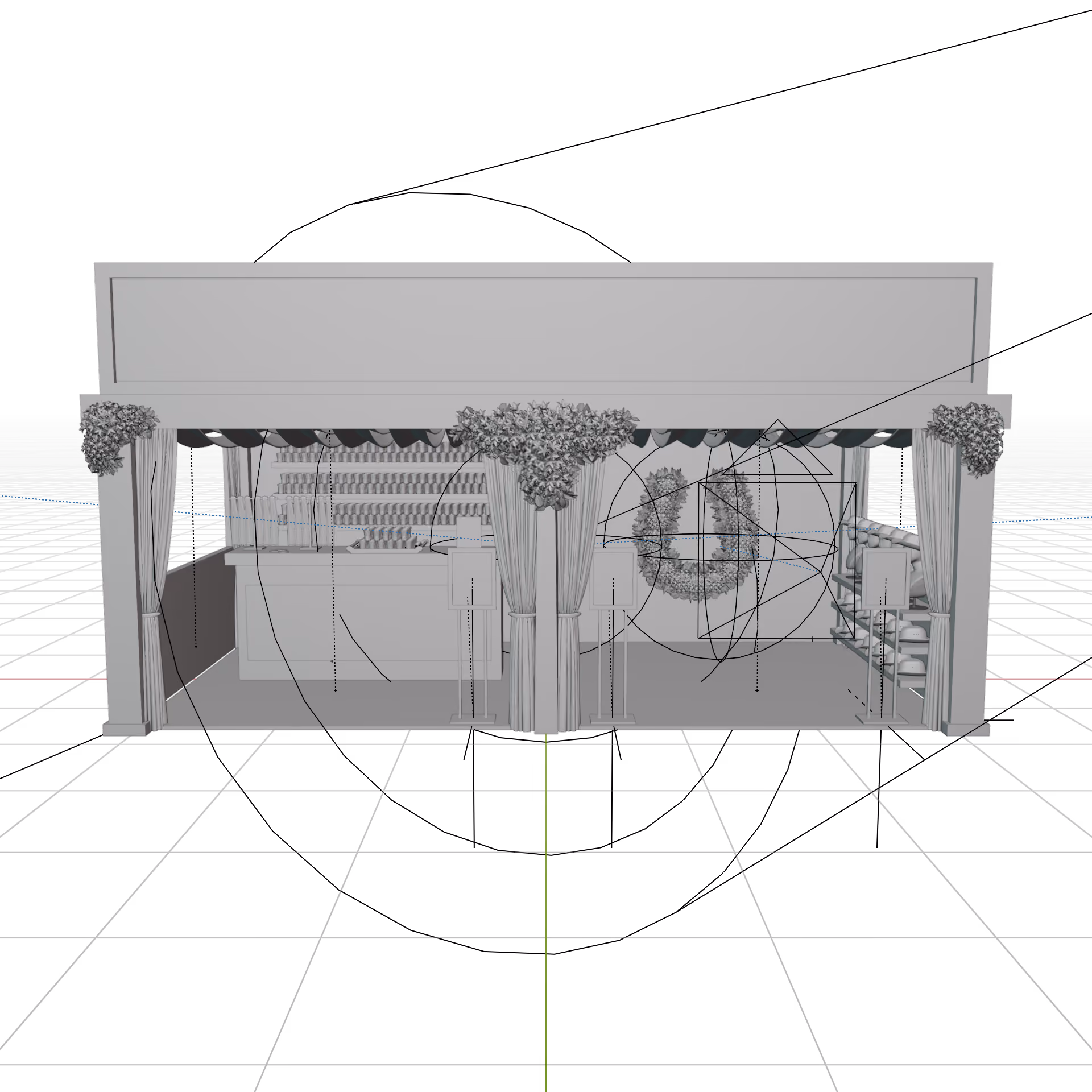 3D model of a simple outdoor market stall with a rectangular sign on top, decorated with flower pots on each corner and curtains on the front pillars. Inside, there is a counter, shelves on the sides stocked with items, and a circular pattern on the back wall.