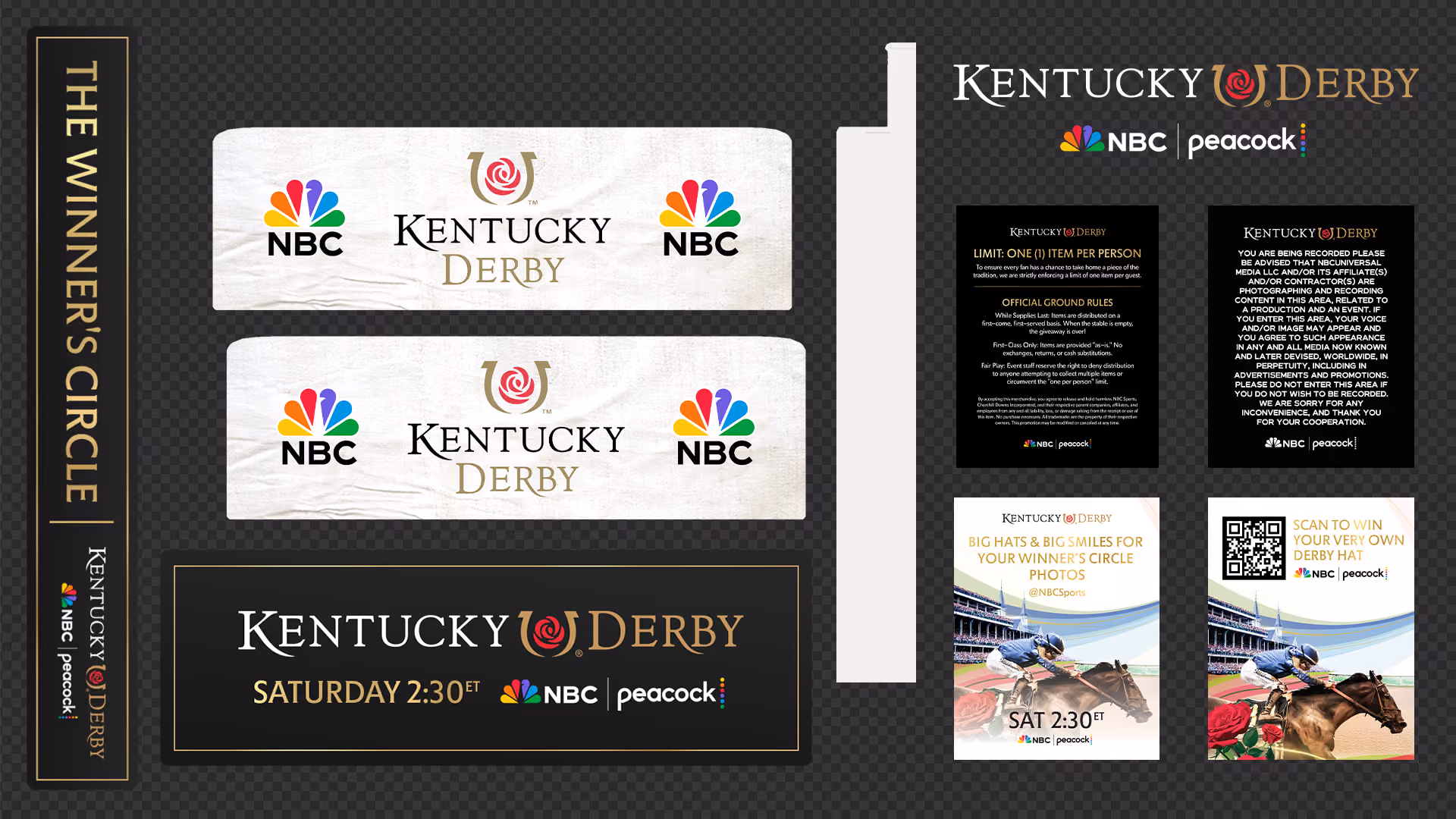 Dark background with Kentucky Derby logos and NBC Peacock logos, including a tall Kentucky Derby trophy silhouette, the text 'The Winner's Circle,' event time 'Saturday 2:30 ET,' and informational cards about item limits, photo rights, and QR code scan to win a Derby hat, featuring images of horses and jockeys.