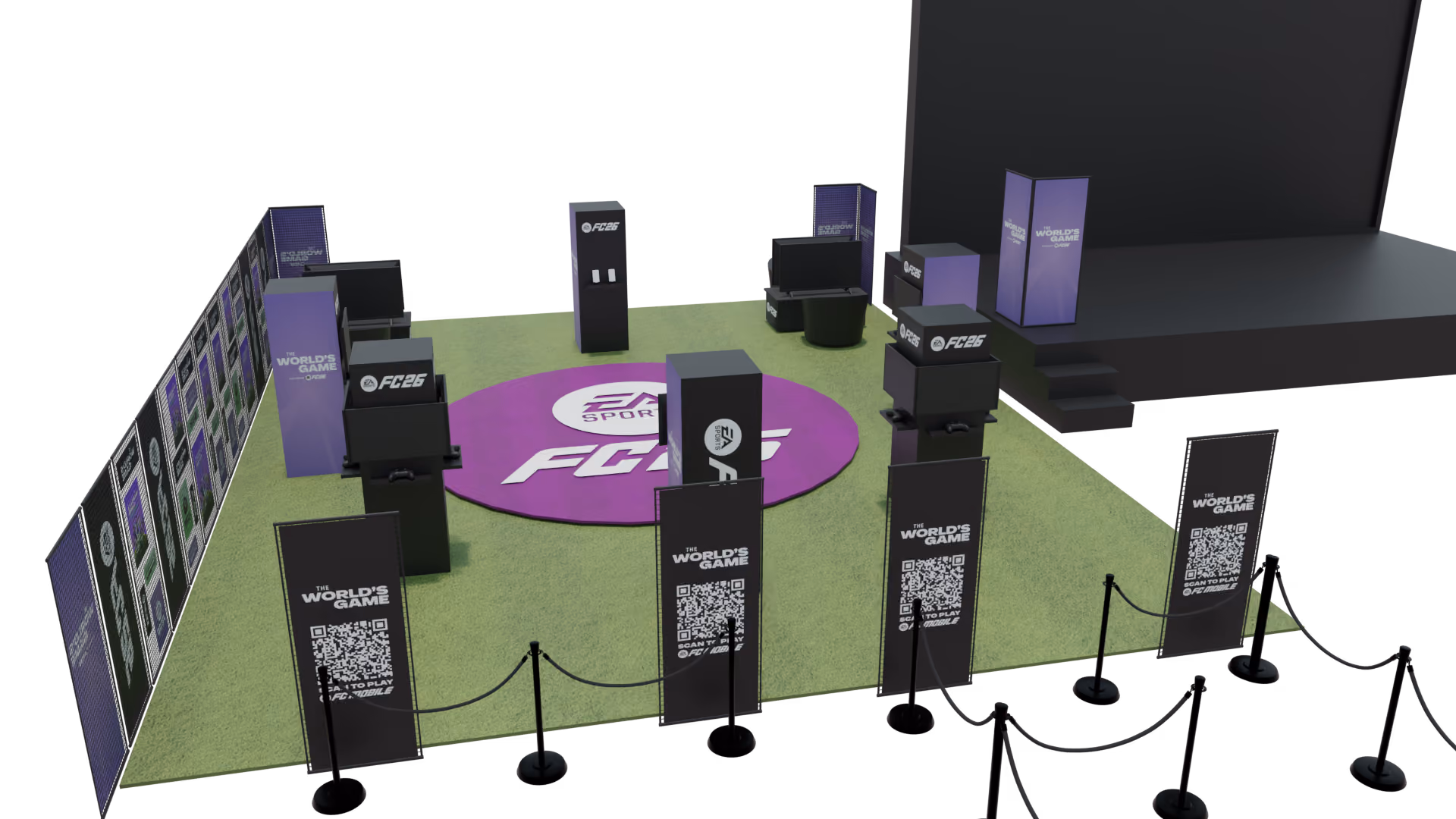 Exhibition space with green floor featuring a central circular purple mat with EA Sports FC26 logo, surrounded by black pillars displaying QR codes and 'The World's Game' text, black barrier ropes, and a large black stage with steps in the background.