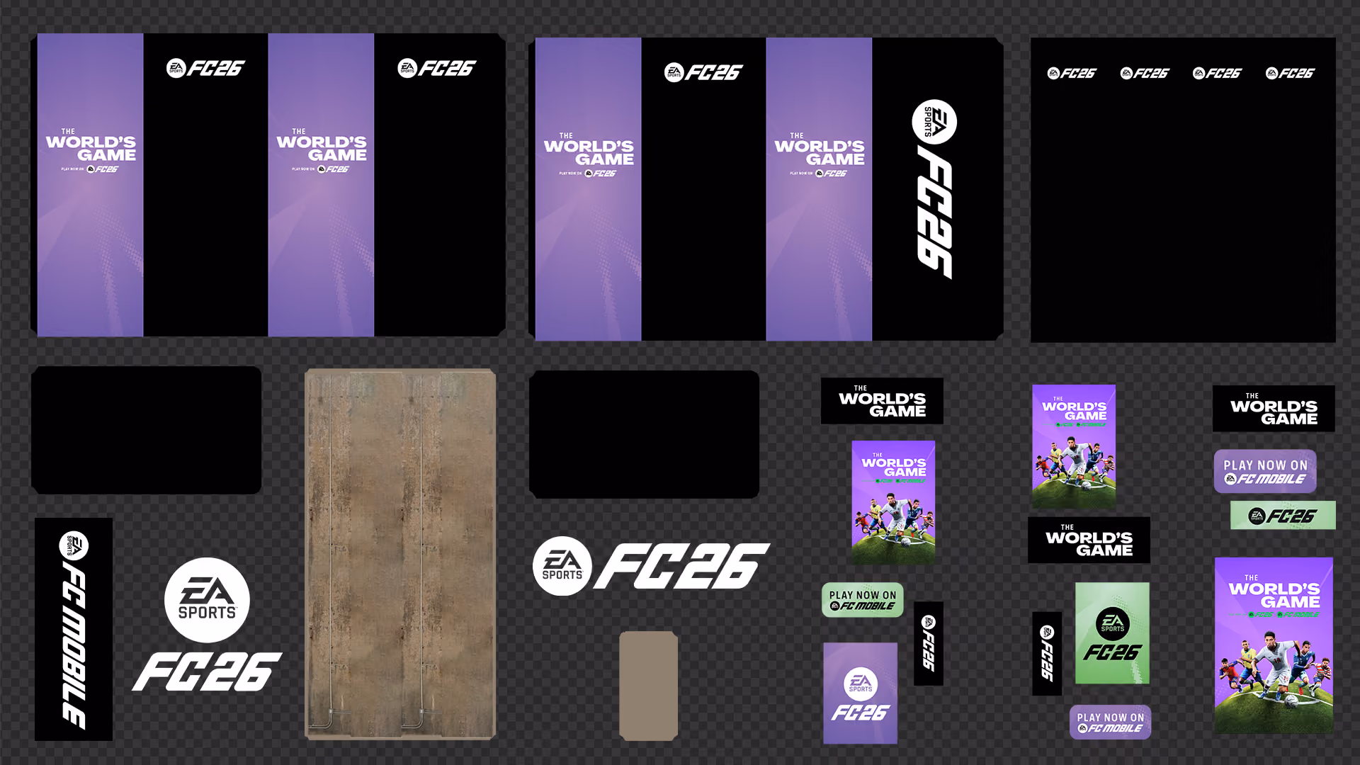 A digital collage of FC26 gaming brand elements including logos, banners, and promotional graphics with purple, black, and green color themes featuring text 'The World's Game', 'EA Sports FC26', and 'Play Now on FC Mobile', alongside images of soccer players.