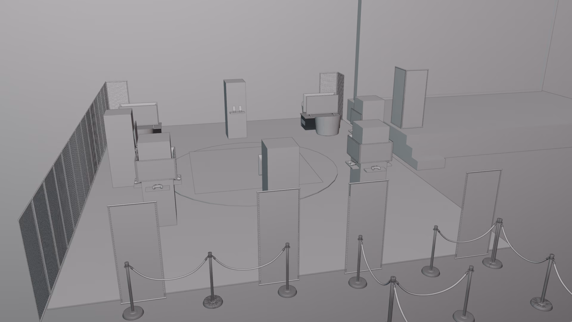 Monochrome 3D-rendered mockup of an exhibition space with multiple pedestal displays surrounded by stanchions and ropes, placed on a rectangular platform with a circular central design.