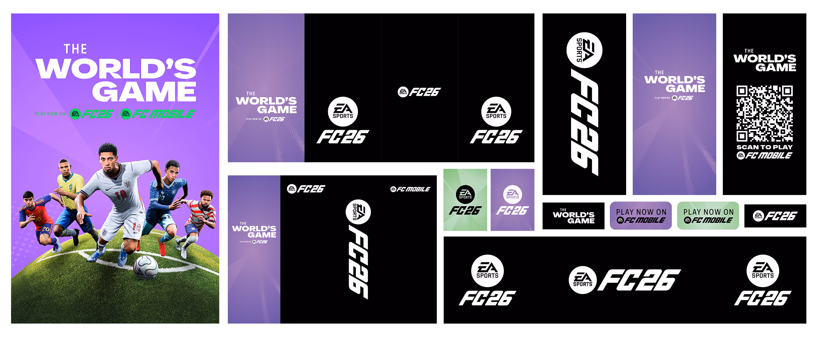 Promotional graphics for EA Sports FC 26 and FC Mobile featuring the tagline 'The World's Game.' The design includes players in action poses on a grassy field, logos for EA Sports FC 26, FC Mobile, and a QR code with instructions to scan and play FC Mobile.