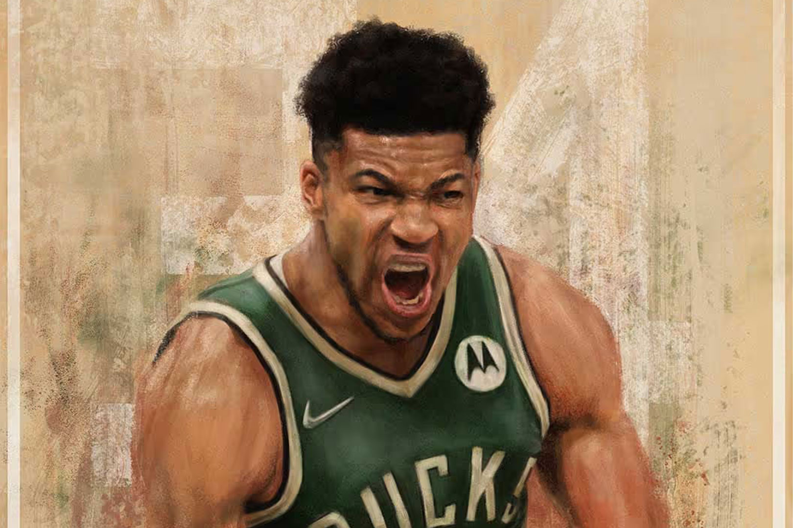 Illustration of a basketball player in a Milwaukee Bucks jersey shouting intensely, showing emotion and energy.