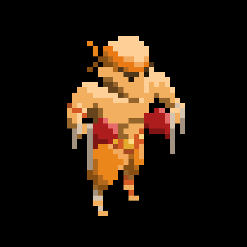 Pixel art sprite of a bald monk character wearing orange and red robes with arms extended.
