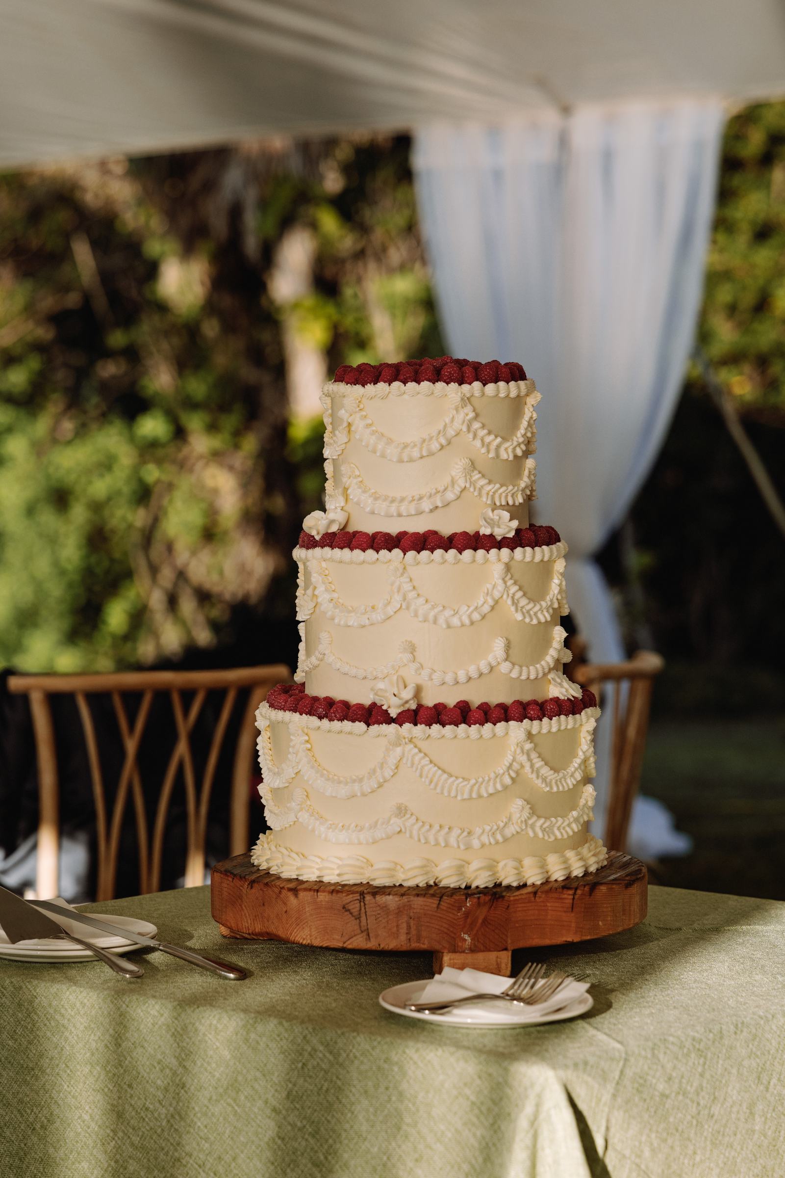 Tiered wedding cake with raspberries set against tropical greenery