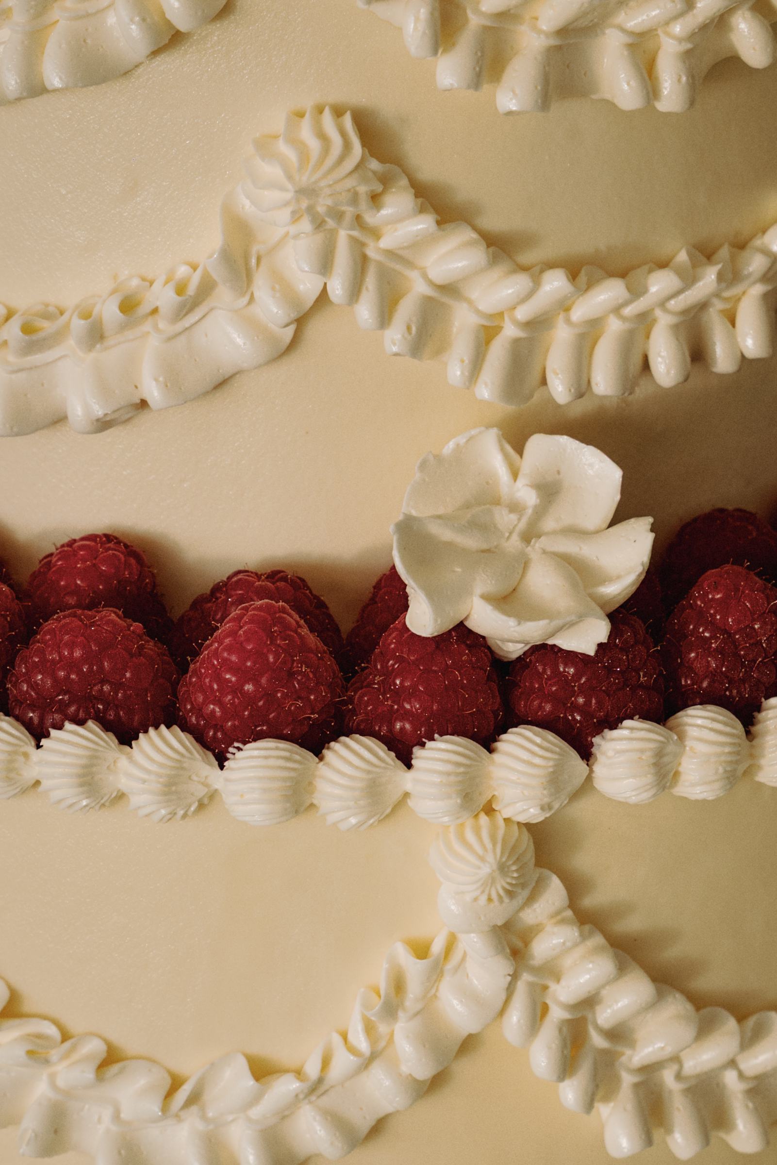 Close up of piped icing and raspberries on the wedding cake
