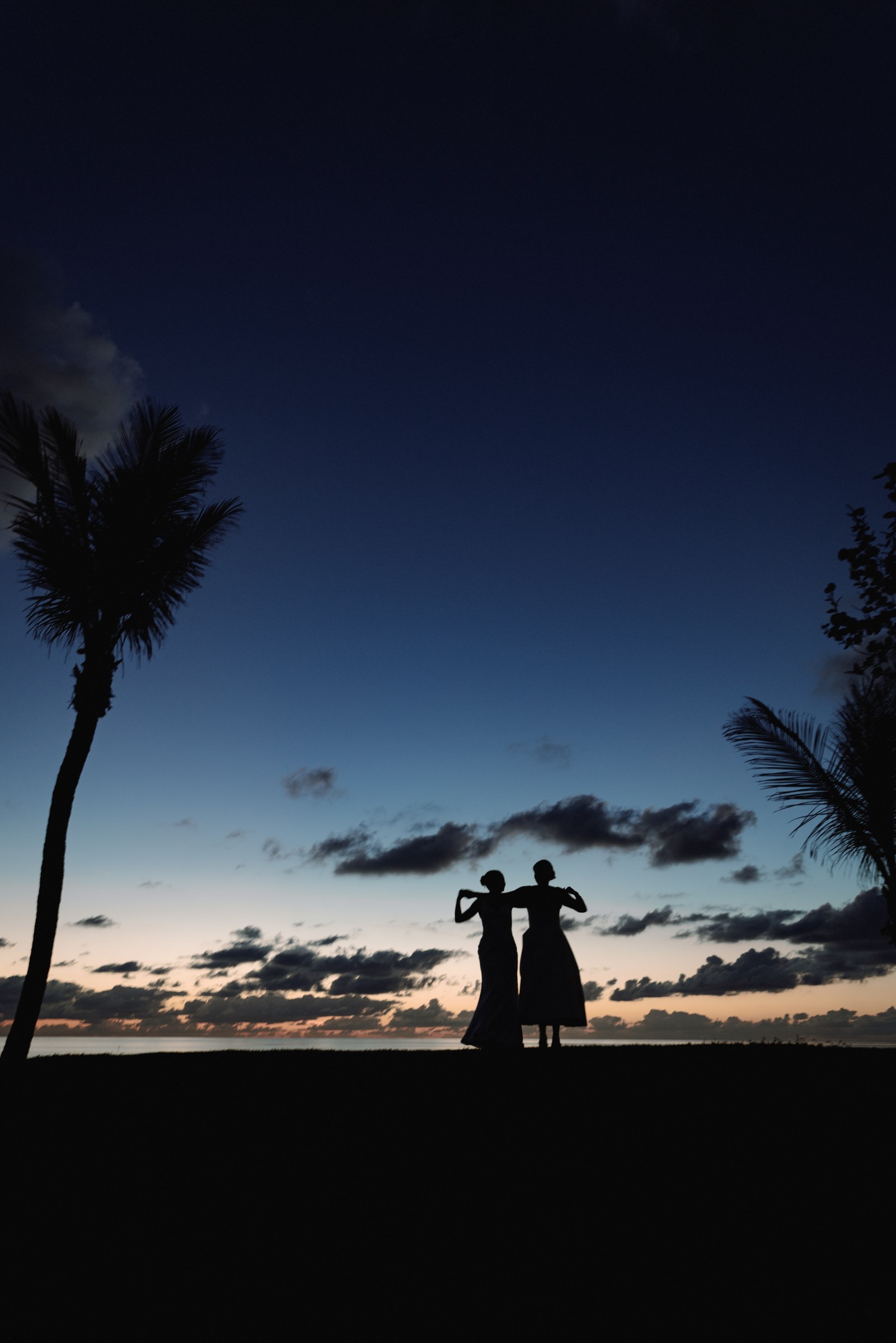 Silhouette of two brides between palm trees against a dusk Bermuda sky