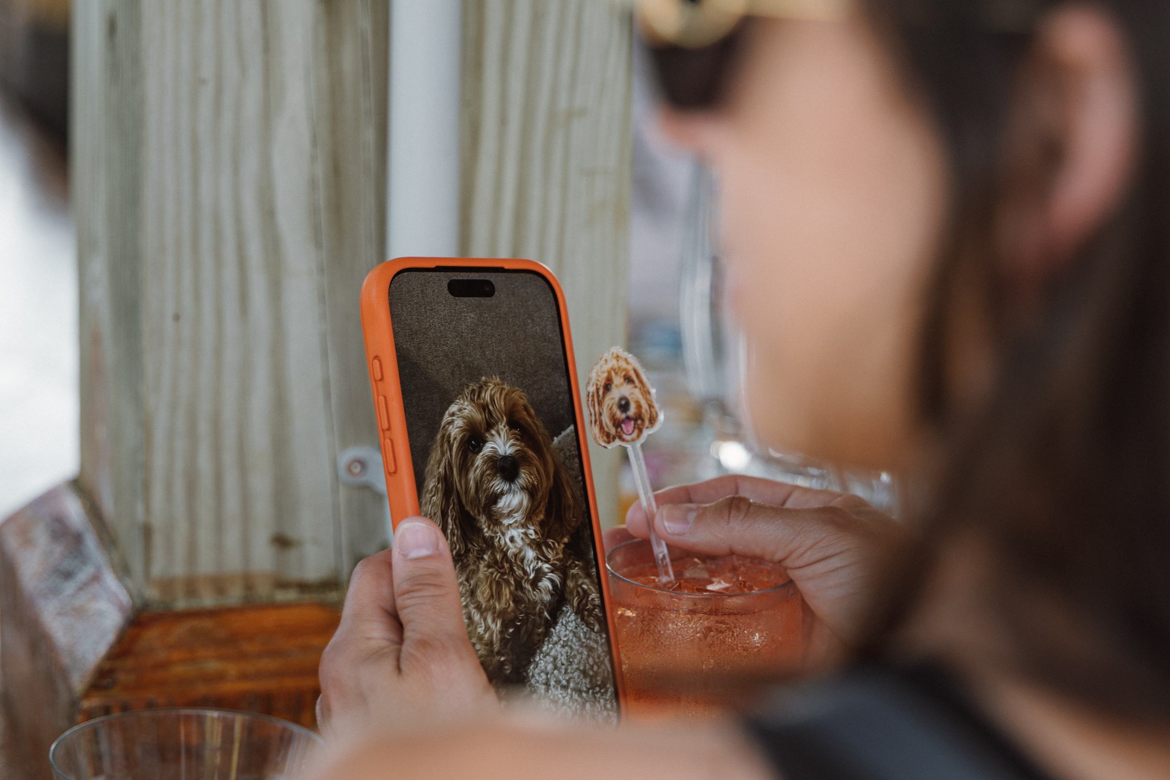 Guest laughing at a phone photograph during a Bermuda welcome party