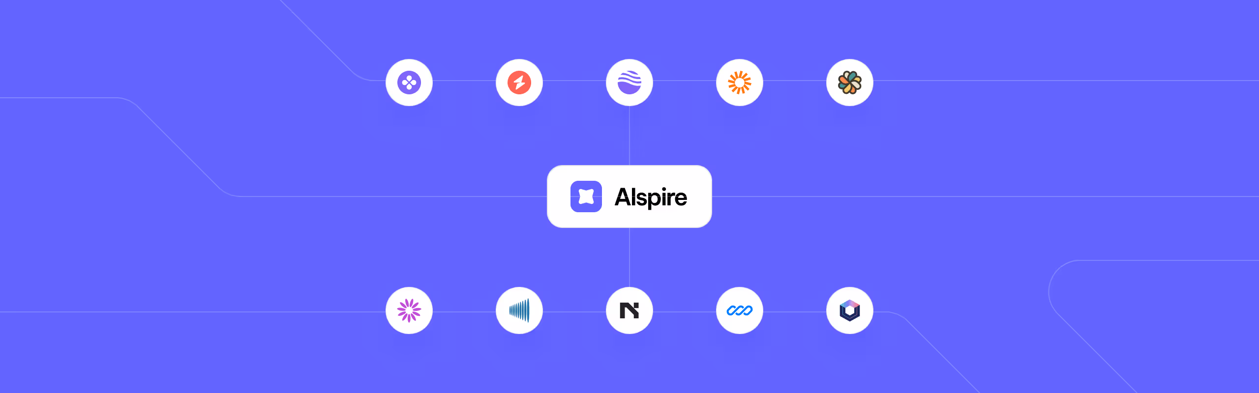 Central Alspire logo connected to ten surrounding circular icons on a purple background representing various integrations.