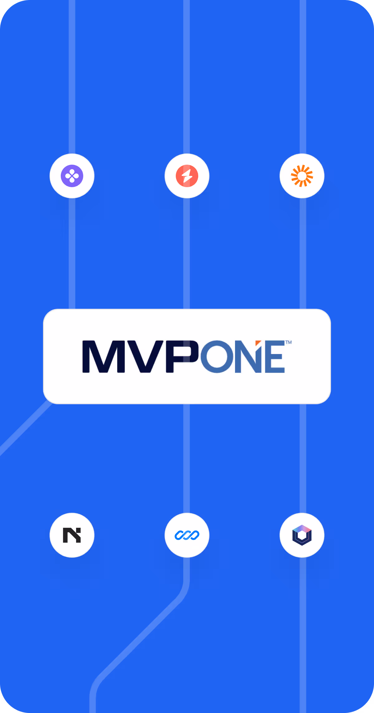 MVP ONE logo centered with six technology integration icons above and below it on a blue background with connecting lines.