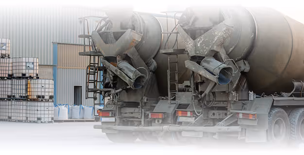 Rear view of two cement mixer trucks parked side by side in an industrial area with stacked containers in the background.
