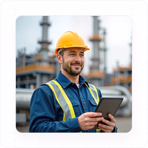 Smiling industrial worker wearing a yellow hard hat and reflective vest using a digital tablet at a refinery plant.