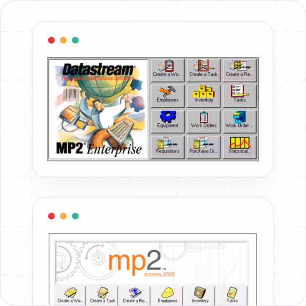 Two software interface screenshots for MP2 Enterprise and mp2 access 2000 showing task creation, employee management, inventory, equipment, and work order options.