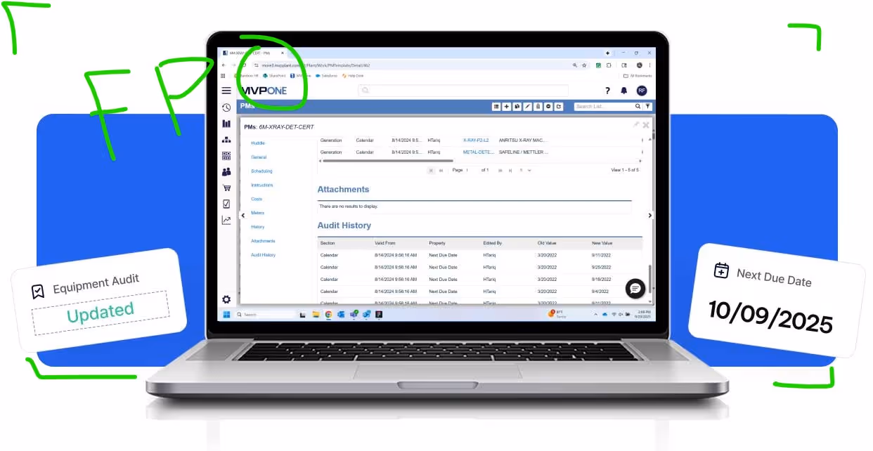 Laptop displaying a MVPONE software interface showing equipment audit details, audit history, and next due date of 10/09/2025.