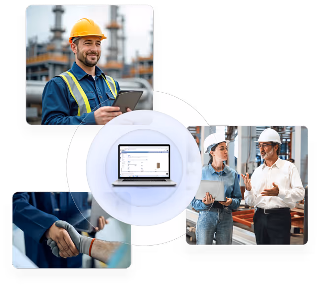 Collage showing a construction worker with a tablet, a laptop displaying software, two professionals discussing in a factory, and a handshake between workers wearing safety gloves.