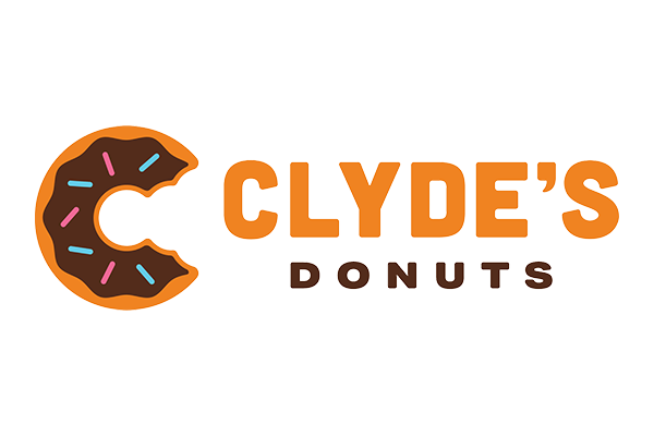 Logo for Clyde's Donuts featuring a stylized letter C shaped like a chocolate-frosted donut with colorful sprinkles.