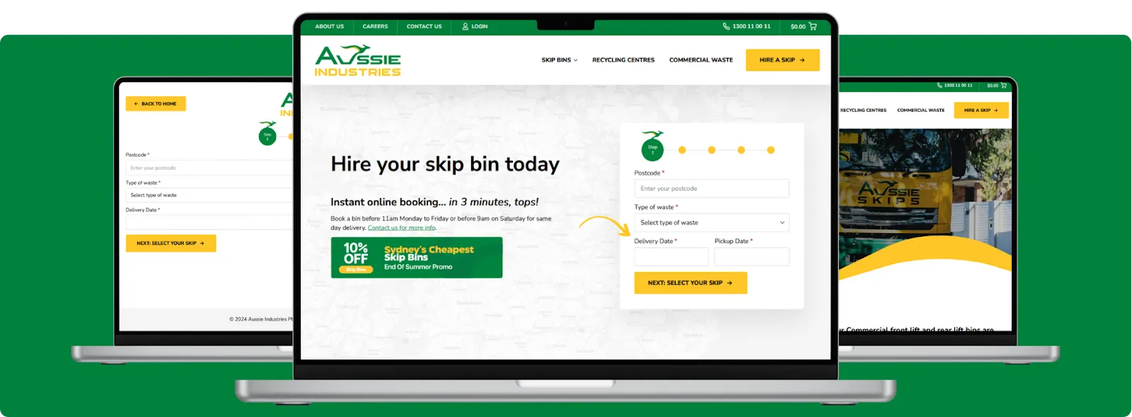 Website design for Aussie Industries with skip bin booking form and promo highlights - Wolf IQ