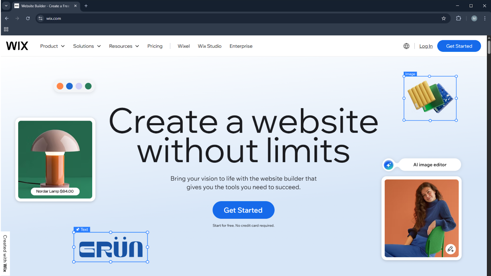 Wix homepage showcasing website builder with drag-and-drop features, AI image editor, and creative design tools - Wolf IQ