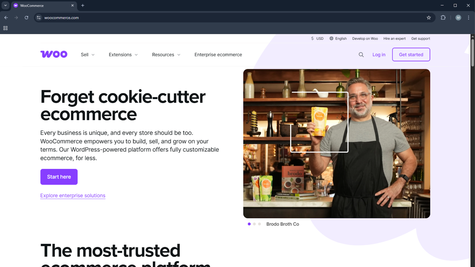 WooCommerce homepage emphasizing customizable ecommerce with WordPress-powered solutions and enterprise options - Wolf IQ