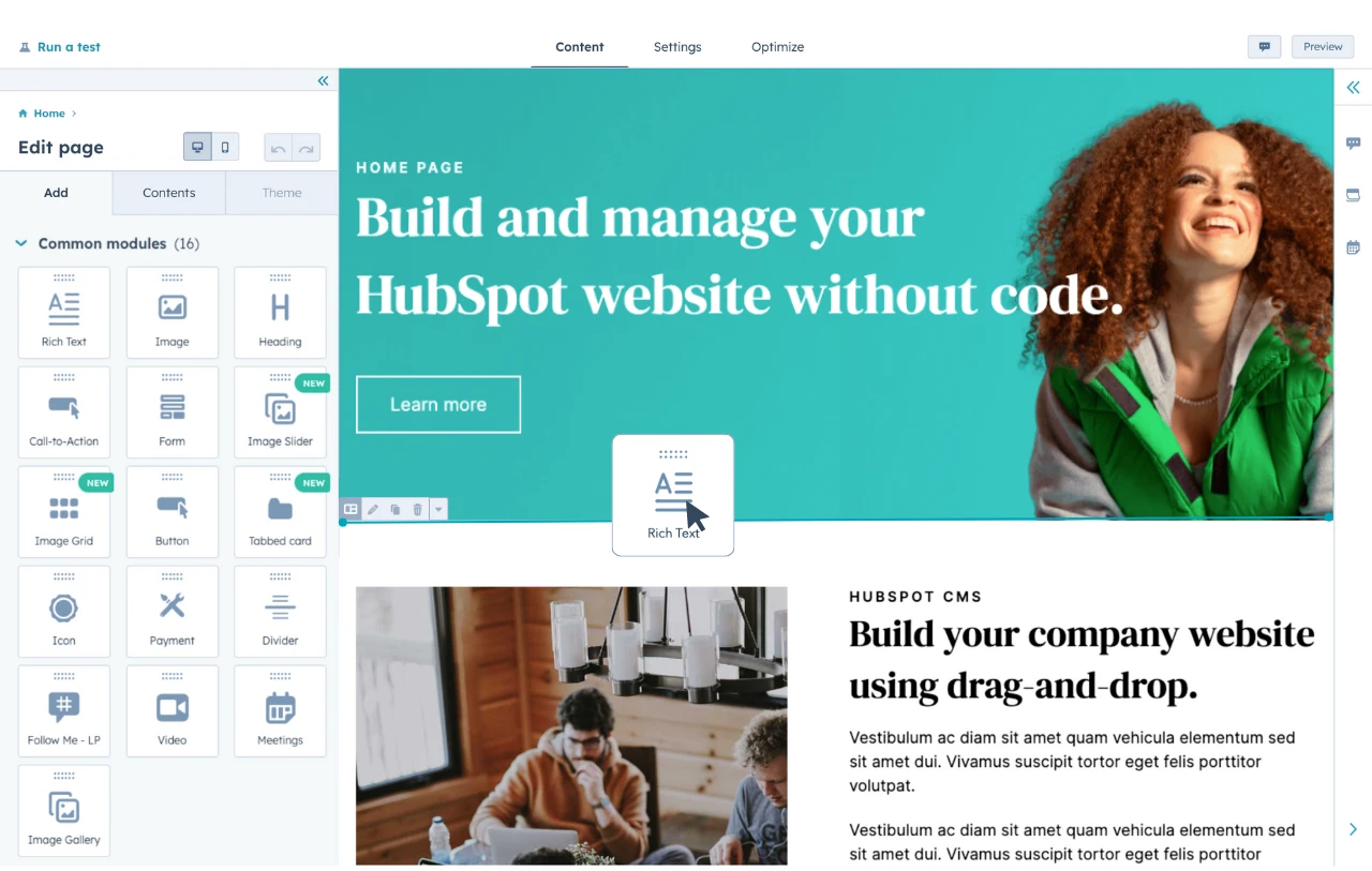 HubSpot CMS interface showing drag-and-drop builder for coding-free website design - Wolf IQ