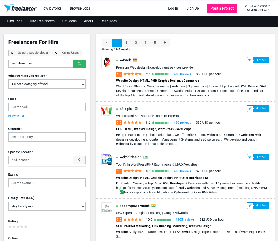 Freelancer.com web developer listings with ratings, skills, and hourly pricing filters - Wolf IQ