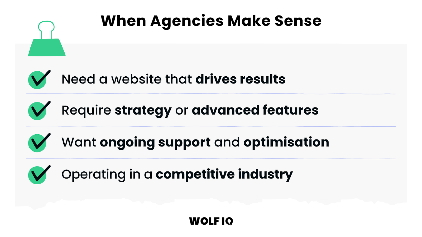 Checklist showing when agencies are best for websites needing strategy and support - Wolf IQ