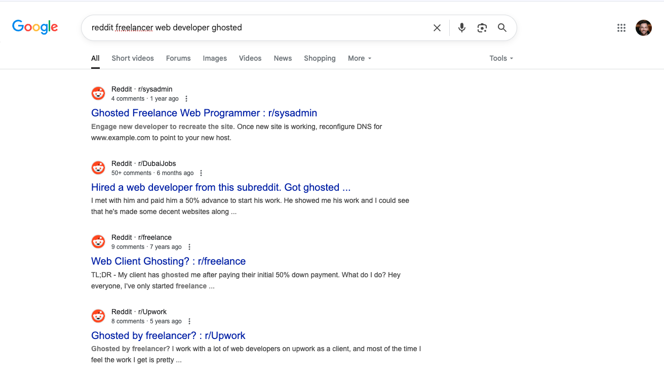 Google search results showing Reddit threads about being ghosted by freelance developers - Wolf IQ