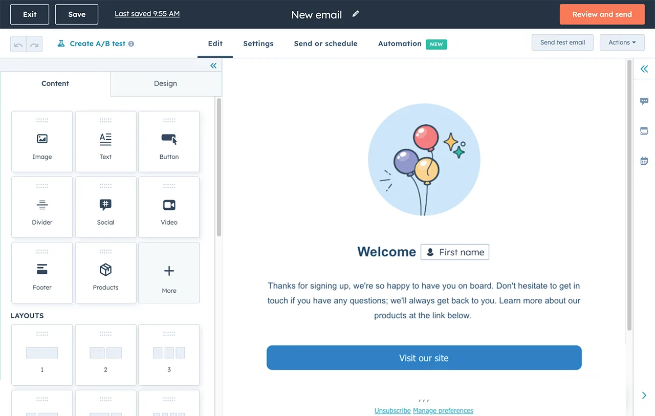 Hubspot email builder interface showing a welcome message template with balloons and call-to-action button - Wolf IQ