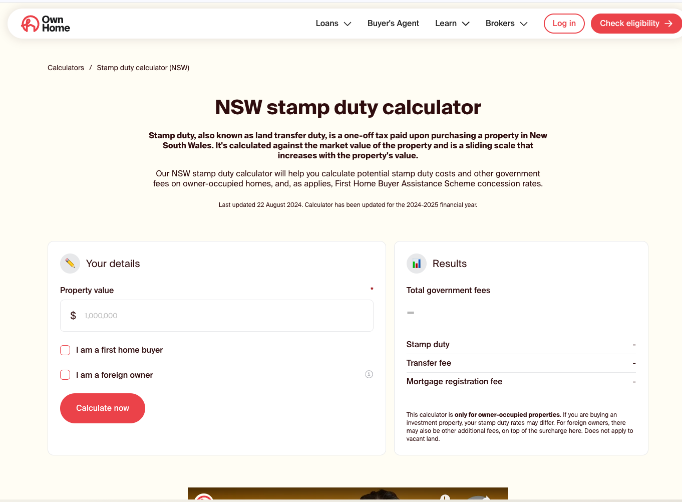 OwnHome’s NSW stamp duty calculator interface showing property value input and estimated government fees - Wolf IQ