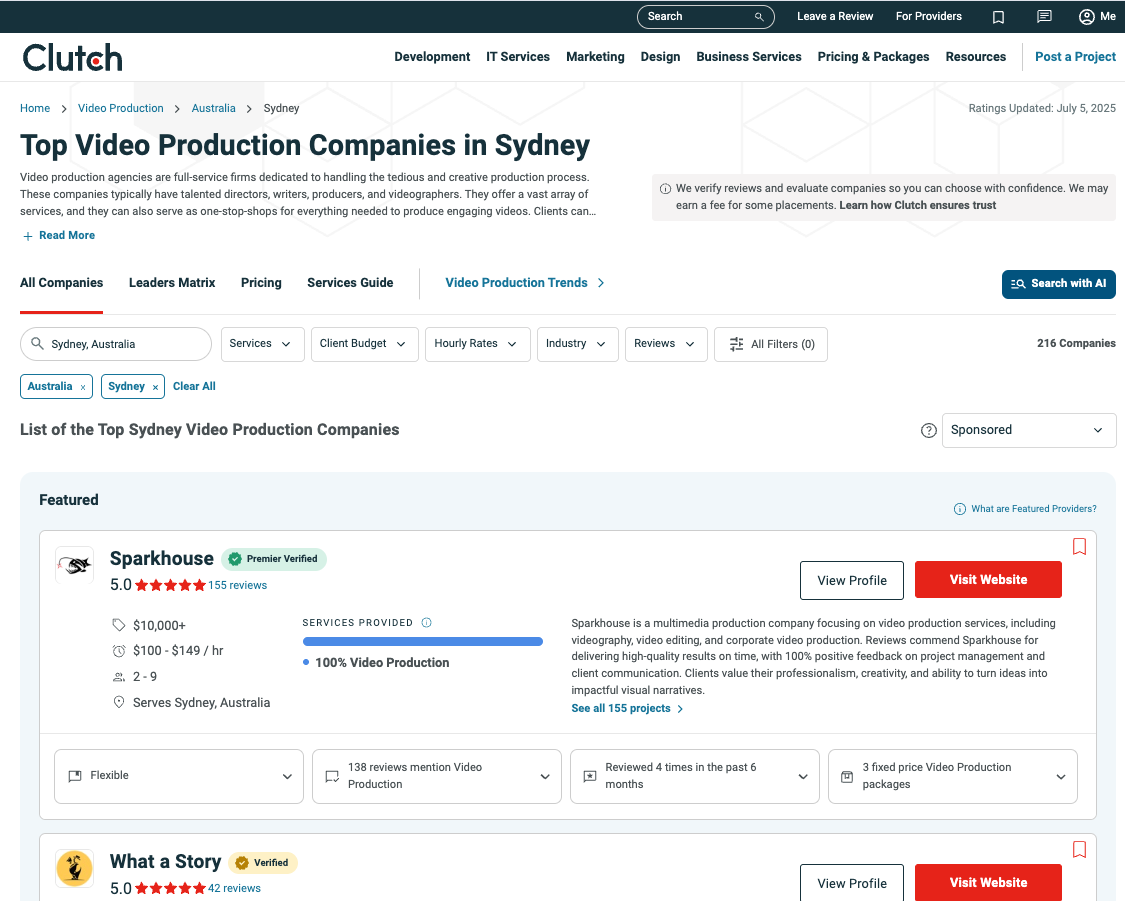 Clutch ranking page showing top video production companies in Sydney like Sparkhouse and What a Story - Wolf IQ