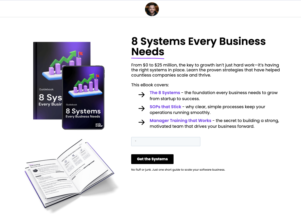 Landing page promoting an eBook with growth systems, SOP tips, and manager training for business success - Wolf IQ