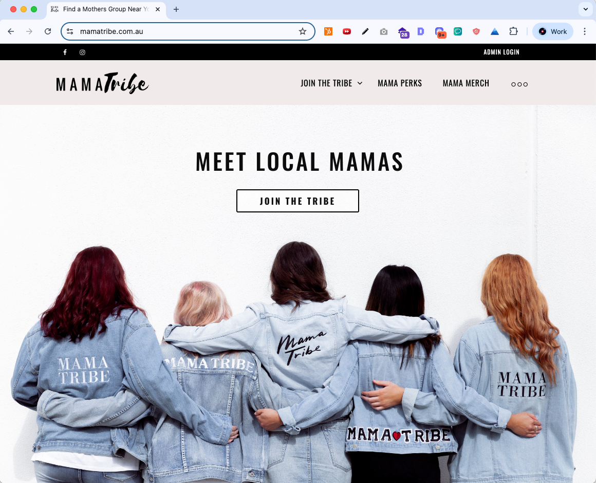 Five women wearing branded denim jackets pose with arms linked under the headline “Meet Local Mamas” - Wolf IQ