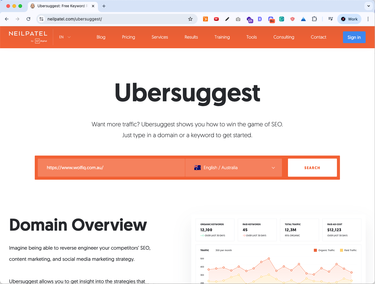 Ubersuggest dashboard with Wolf IQ URL entered for SEO analysis, search field and domain overview shown - Wolf IQ